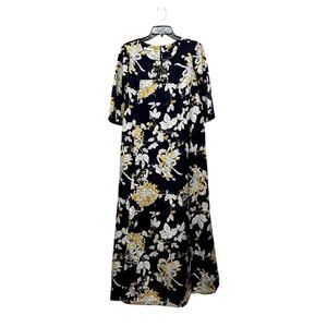 Vintage 70s Pomare Hawaii Navy Floral Frog Closure Column Maxi Dress 10